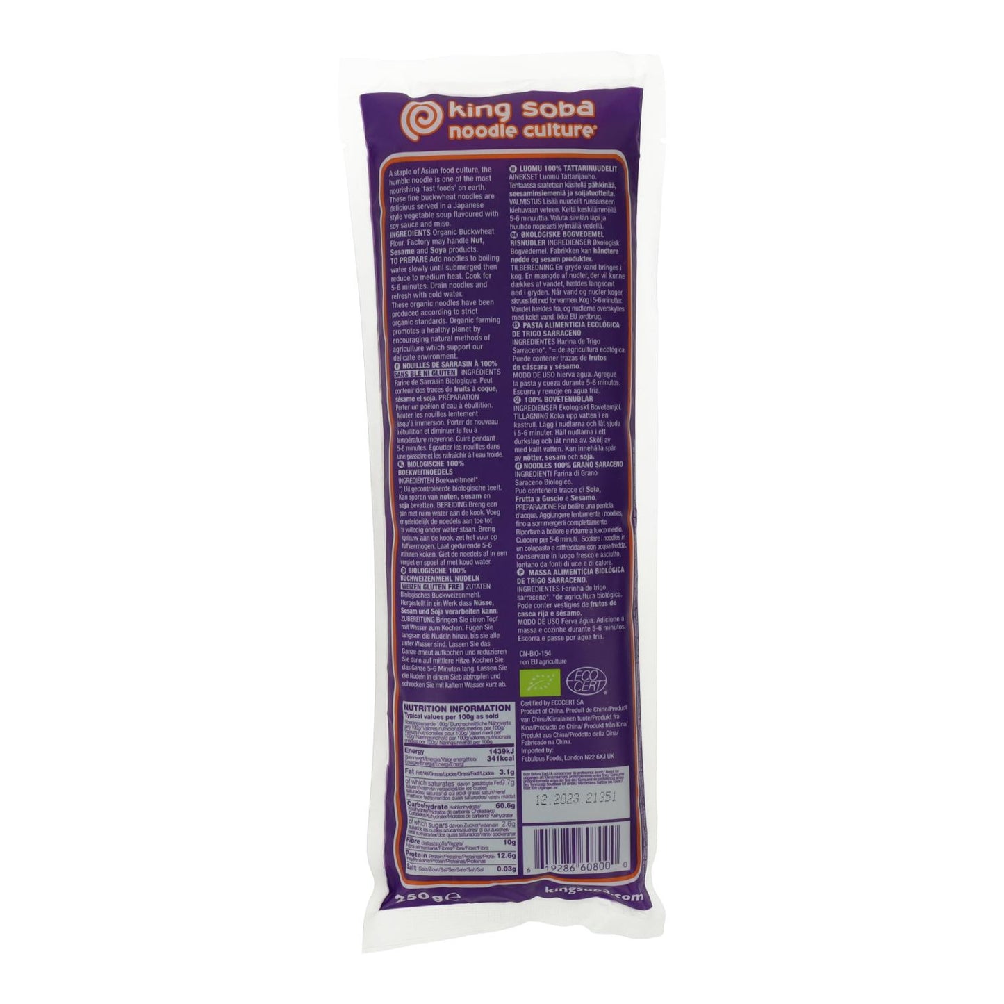 Pasta Trigo Sarraceno 100% sin gluten en forma de Espagueti Bio King Soba 250 g