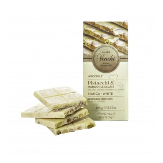 Tableta de chocolate blanco con avellanas enteras IGP Piamonte, pistacho y almendras Venchi 110 gr