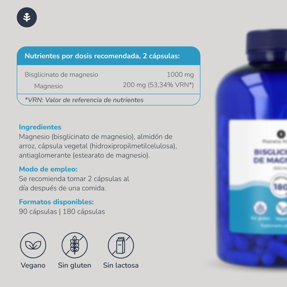 Bisglicinato de Magnesio 500 mg Planeta Huerto 180 cápsulas