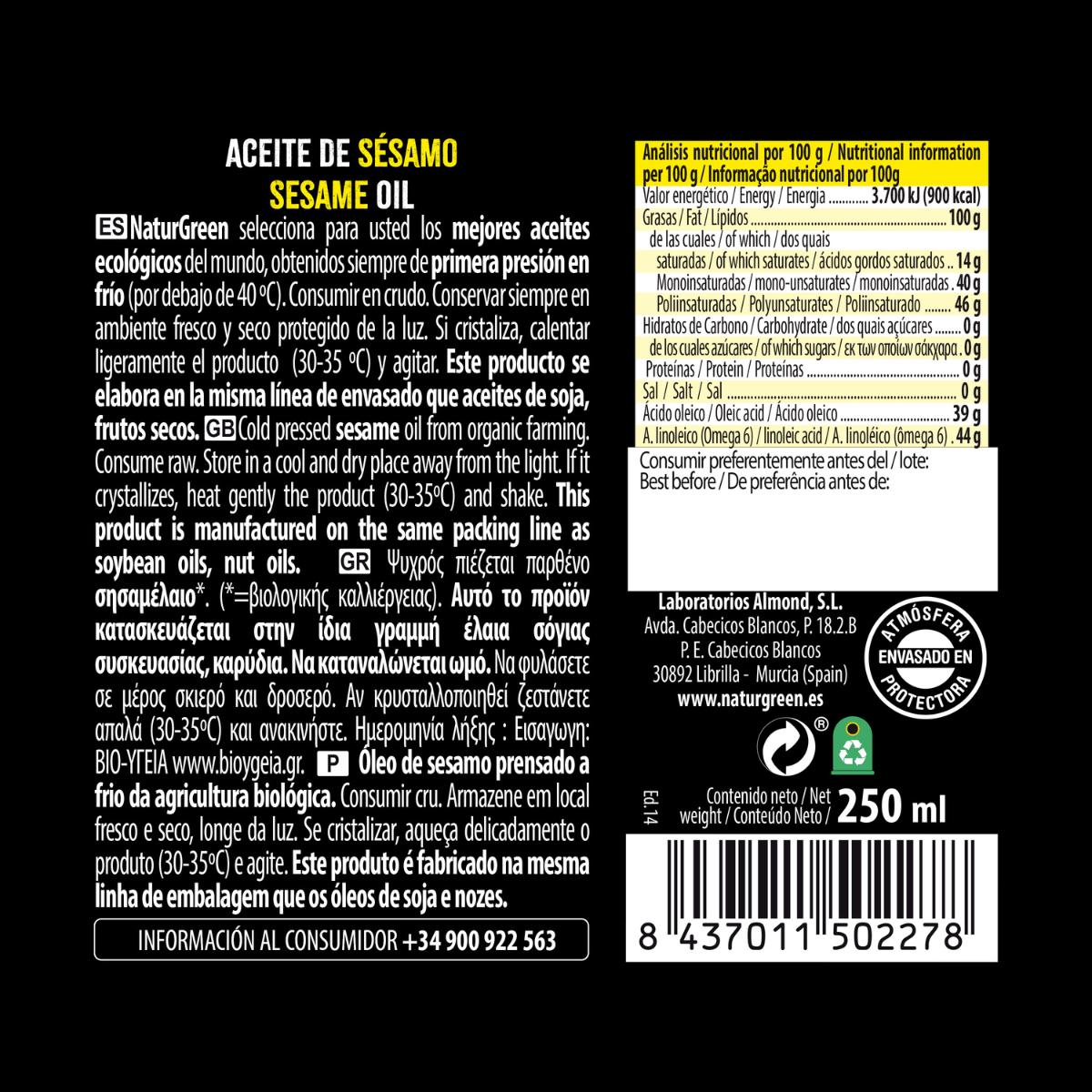 Aceite de Sésamo BIO  NaturGreen.