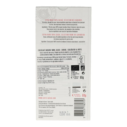 Tableta Chocolate Negro 100% Caribe Chocolates Carré Suisse 80 g