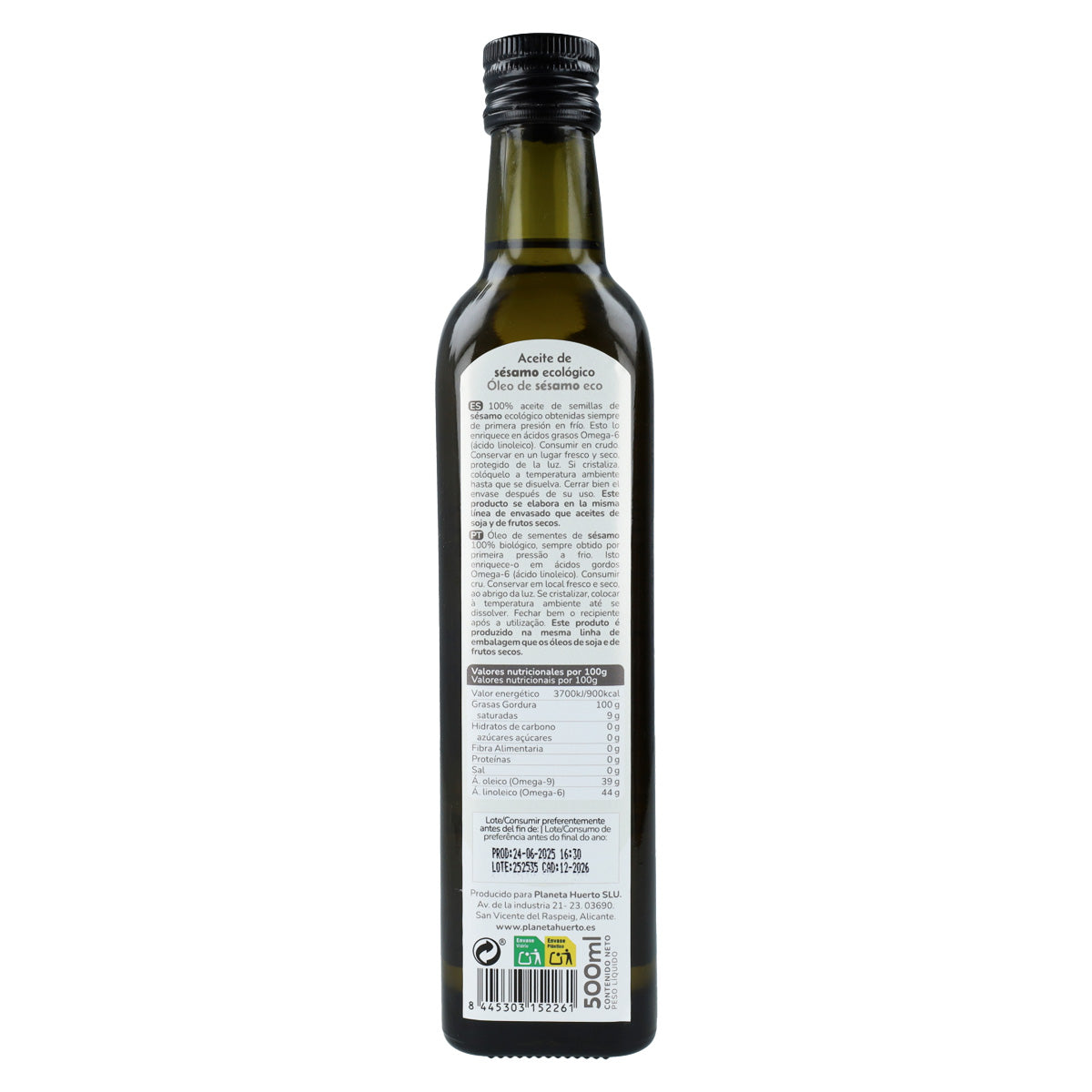 Aceite de Sésamo prensado en frío ECO Planeta Huerto 500 ml