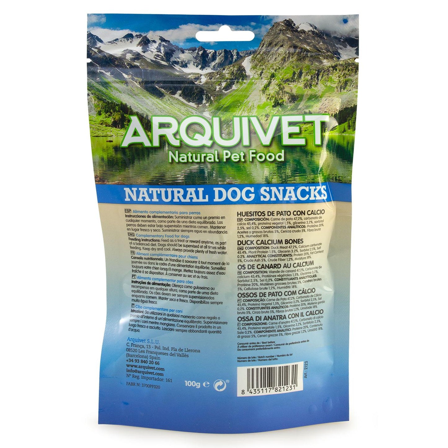 Snack natural para perros  Huesitos de pato con calcio Arquivet 100gr