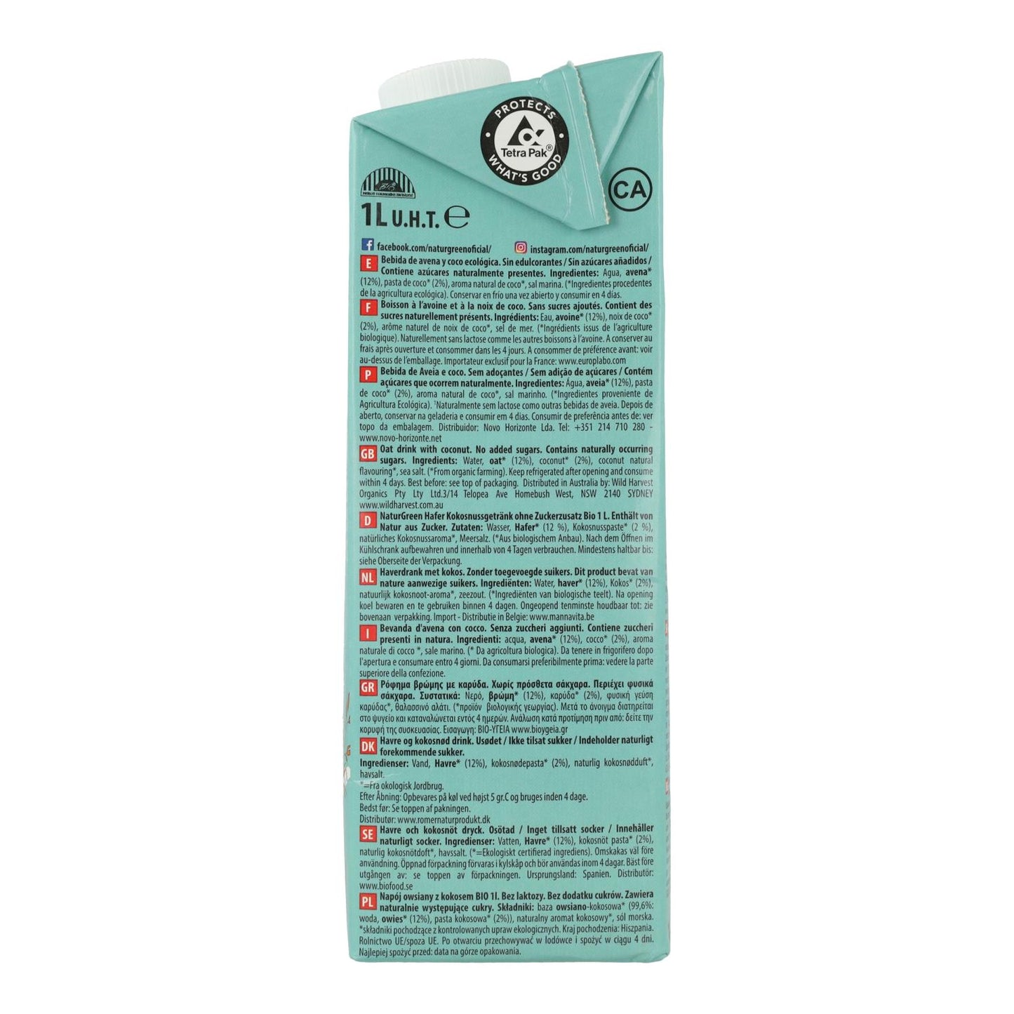 Pack 6 uds Bebida de Avena y Coco Bio NaturGreen 1 L