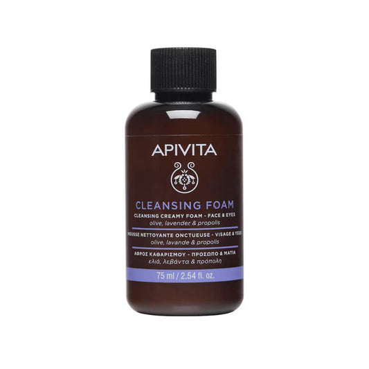Crema espuma limpiadora facial y ojos con oliva y lavanda formato viaje, APIVITA 75 ml