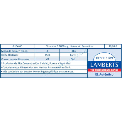 Vitamina C 1000 mg de liberación sostenida con Bioflavonoides y Escaramujo Lamberts, 60 tabletas