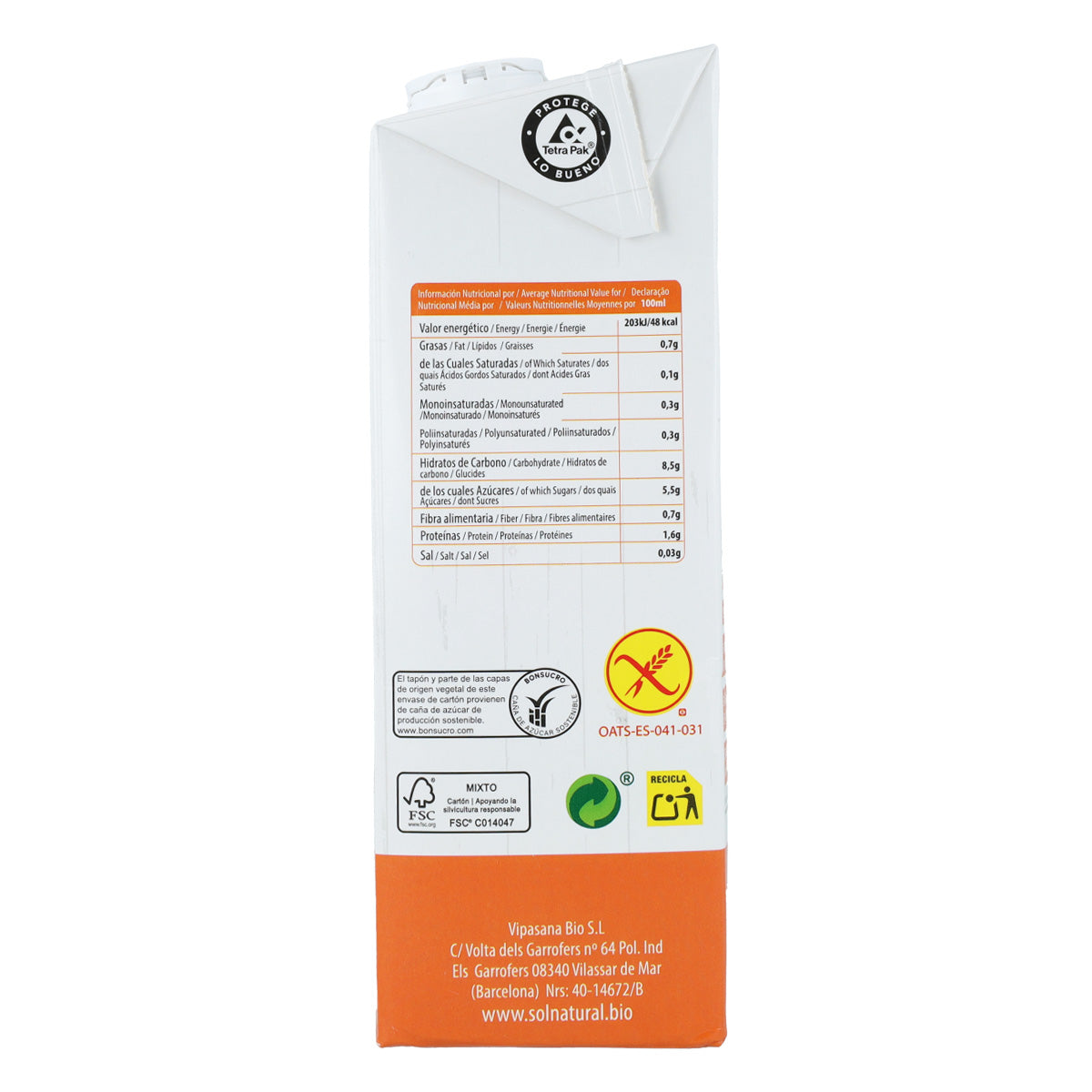 Pack 4x Bebida Avena Sin Gluten Bio Sol Natural 1 L