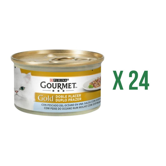 Pack 24 x GOURMET GOLD Doble Placer Pescado del Oceano & Espinacas Comida húmeda 85g